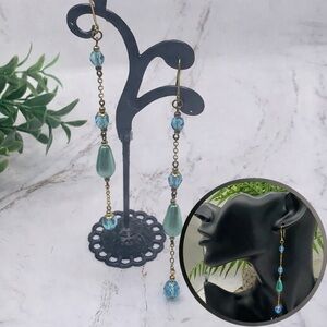 Dangle Earrings -  Turquoise Crystal Faux Pearl Gold Tone Chain